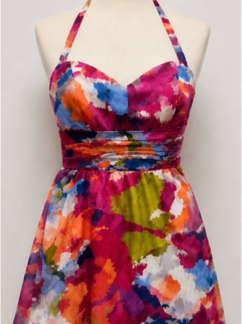 Guess Multicolor Watercolor Halter Dress in Pink, Blue & Orange
